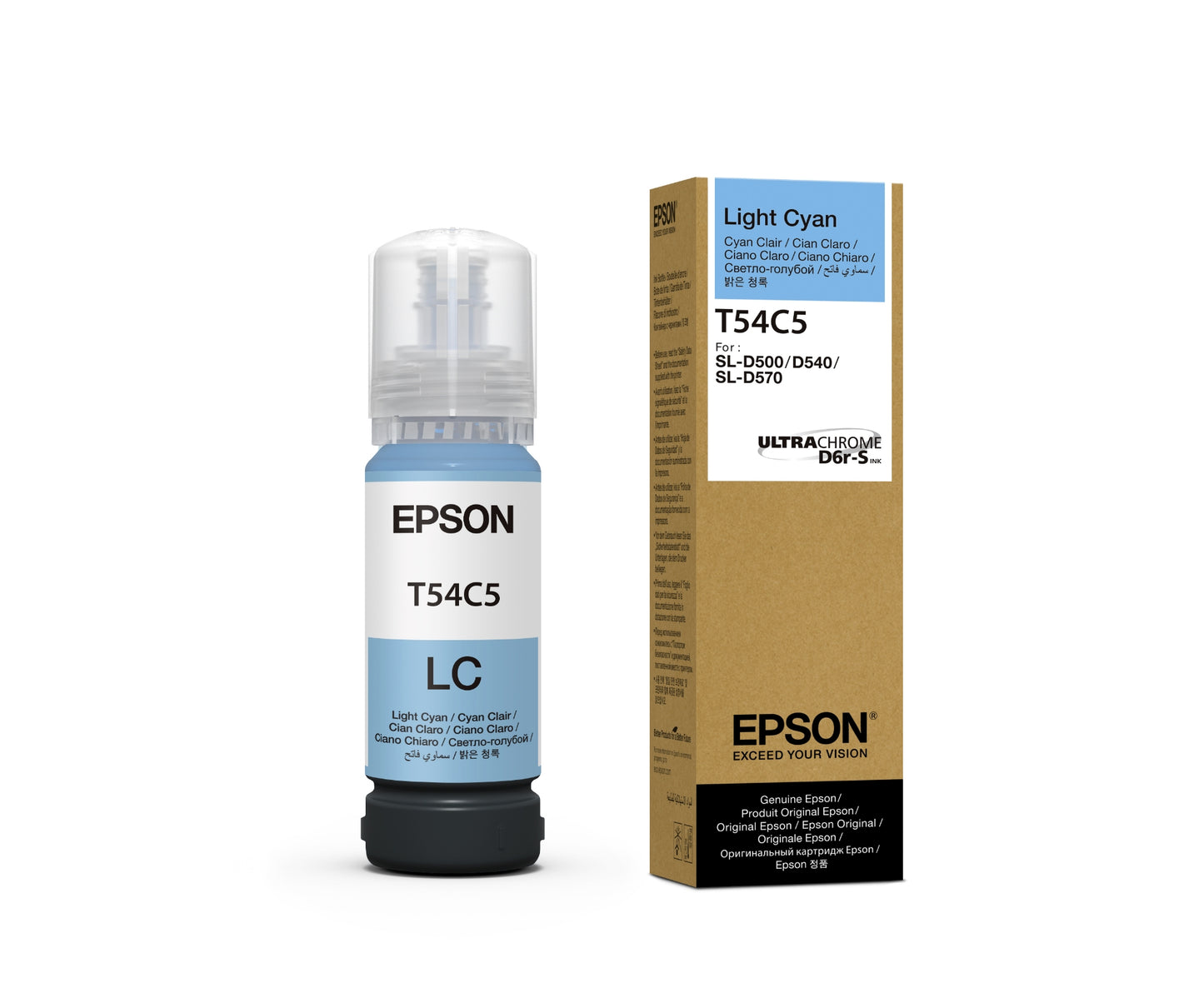Epson light cyan ink bottle and packaging on a white background