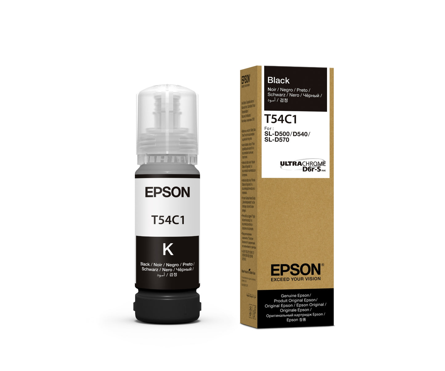 Epson black ink bottle and packaging on a white background