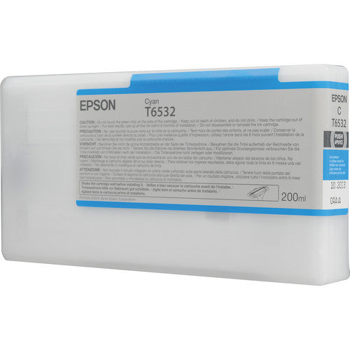 Epson T653200 cyan ink cartridge packaging on a white background