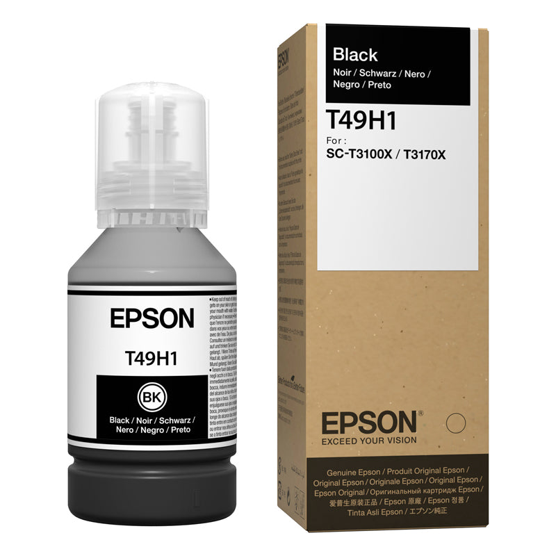 Epson black ink bottle and packaging on a white background