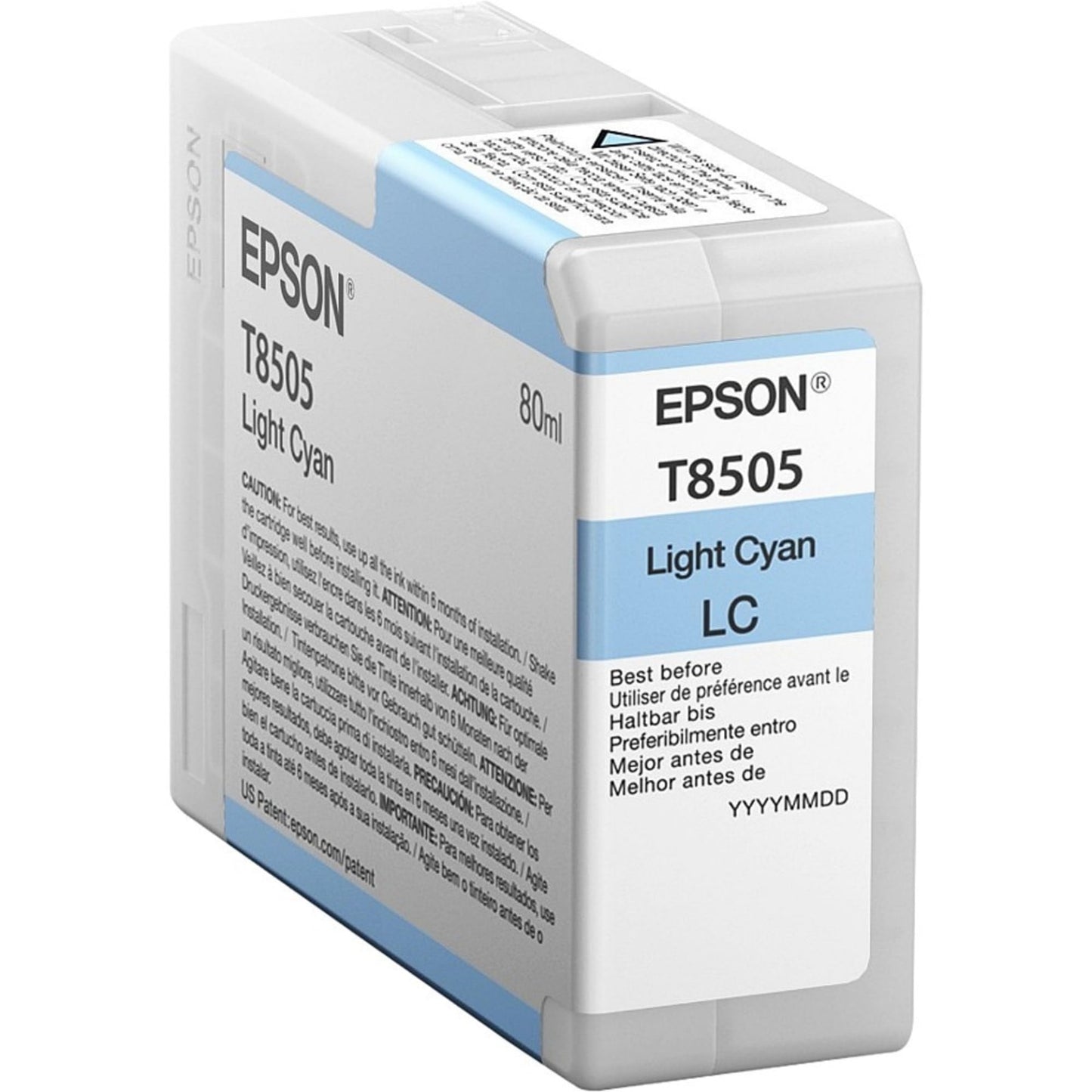 Epson T8505 Light Cyan ink cartridge packaging on a white background
