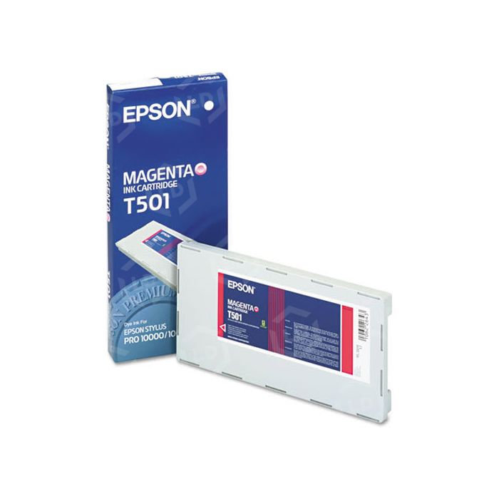 Epson magenta ink cartridge T501 with packaging on a white background