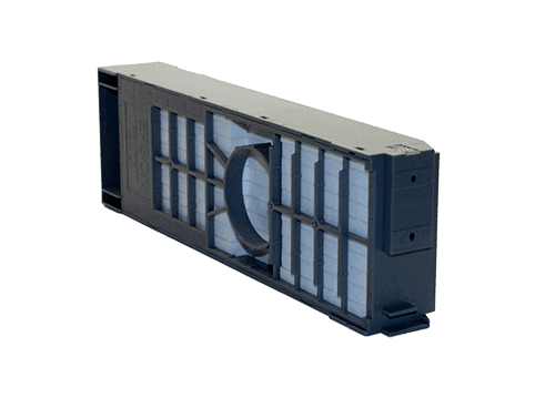 A blue air filter isolated on a black background, highlighting its design and color.