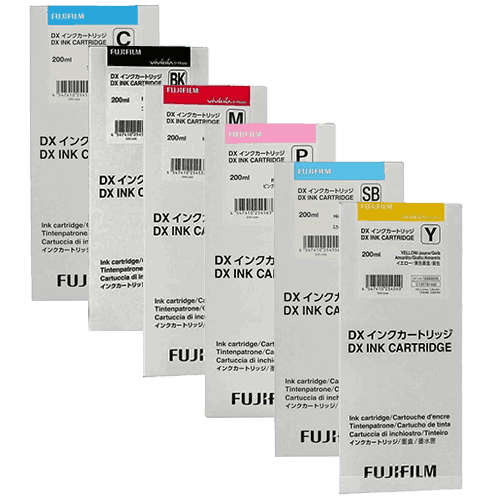 Fujifilm DX-7X ink cartridges displayed, showcasing their design and labeling for printer compatibility.