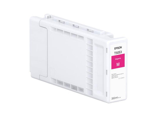 Epson ink cartridge with magenta label on a white background