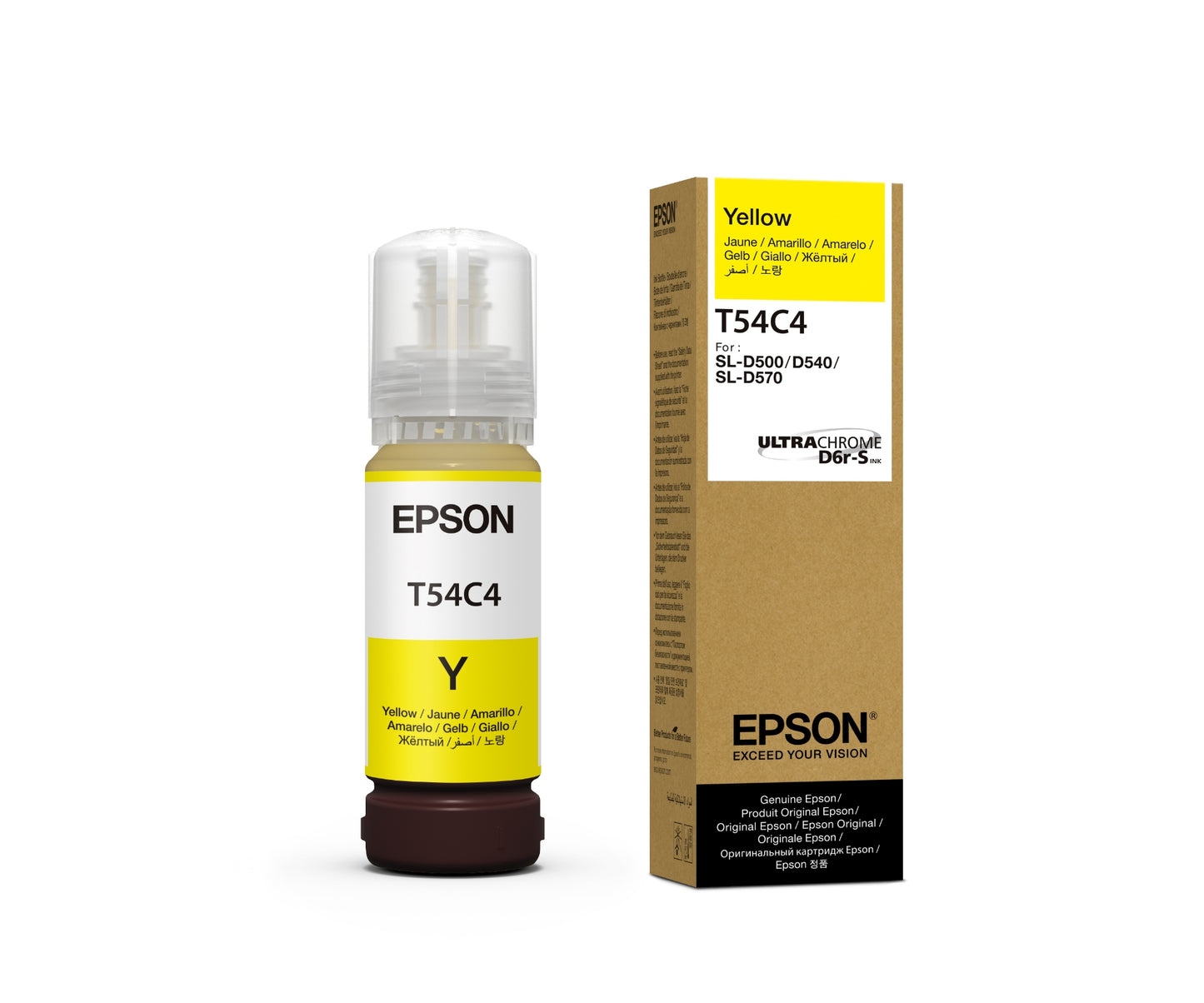 Epson yellow ink bottle and packaging on a white background