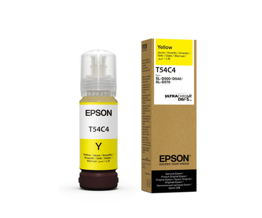 Epson yellow ink bottle and packaging on a white background