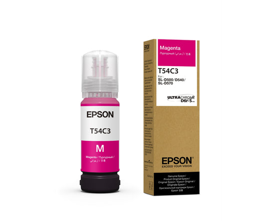 Epson magenta ink bottle and packaging on a white background