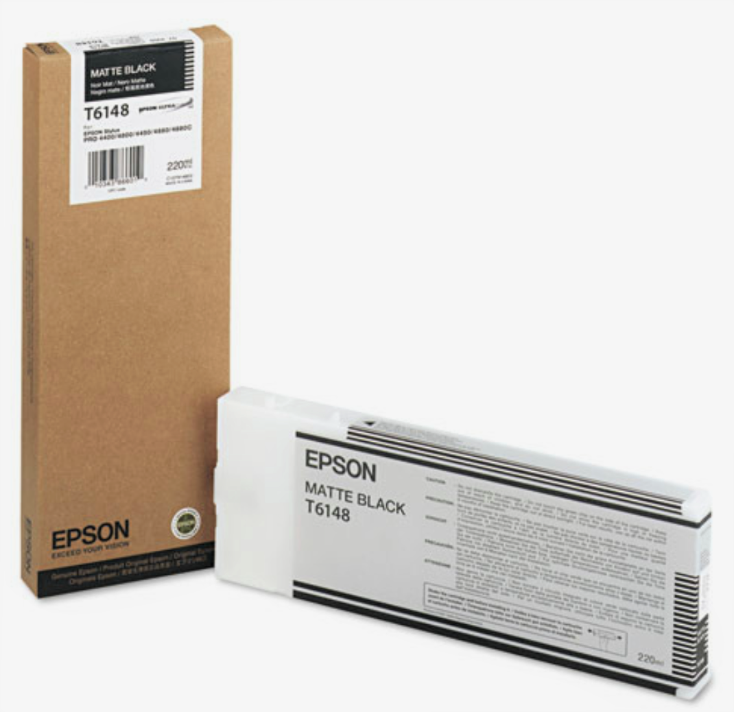 Epson matte black ink cartridge with packaging on a white background