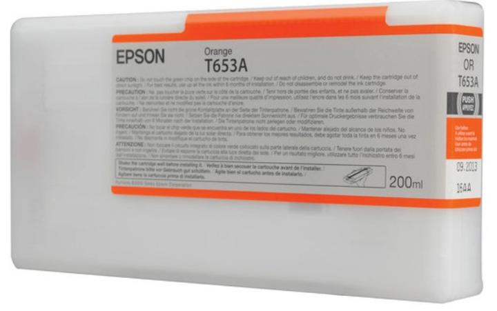 Epson T653A orange ink cartridge packaging on a white background
