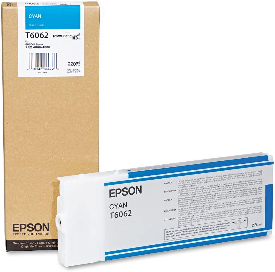 Epson cyan ink cartridge with packaging on a white background