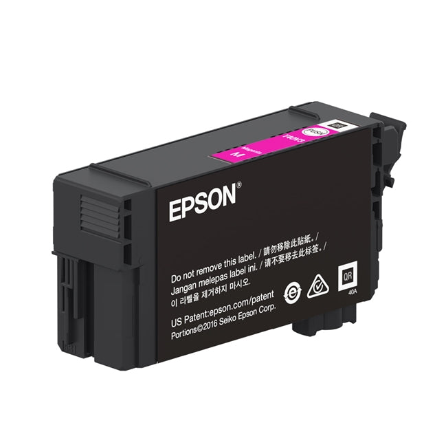 Epson ink cartridge with magenta label on a white background