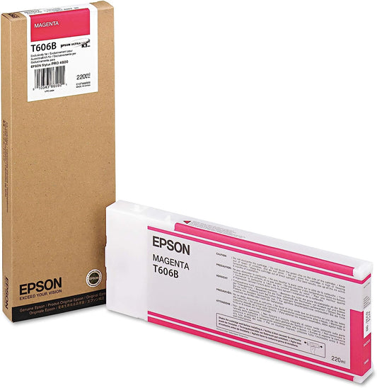 Epson magenta ink cartridge and packaging on a white background
