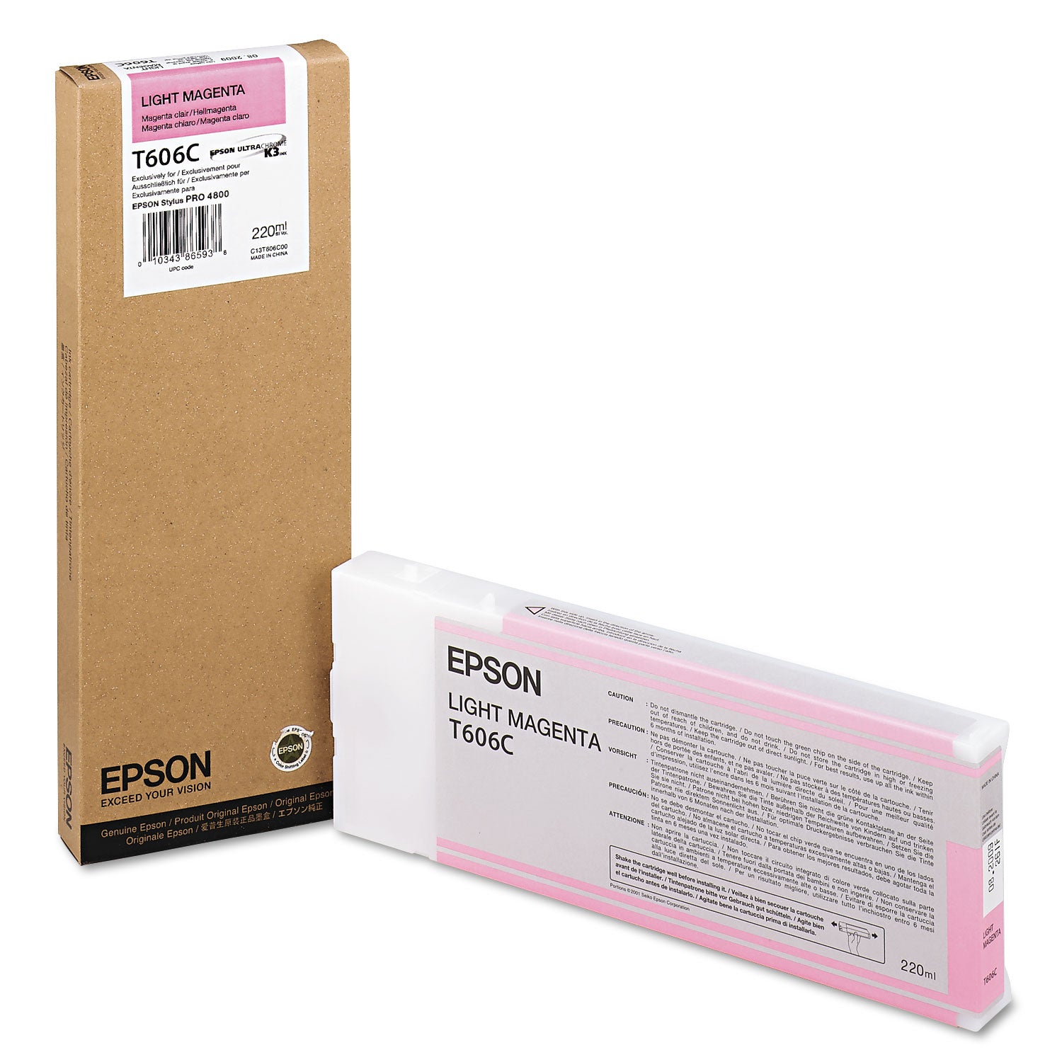 Epson light magenta ink cartridge with packaging on a white background
