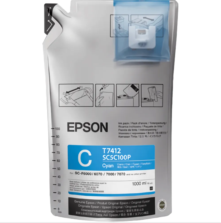 Epson ink cartridge with cyan color label on a white background