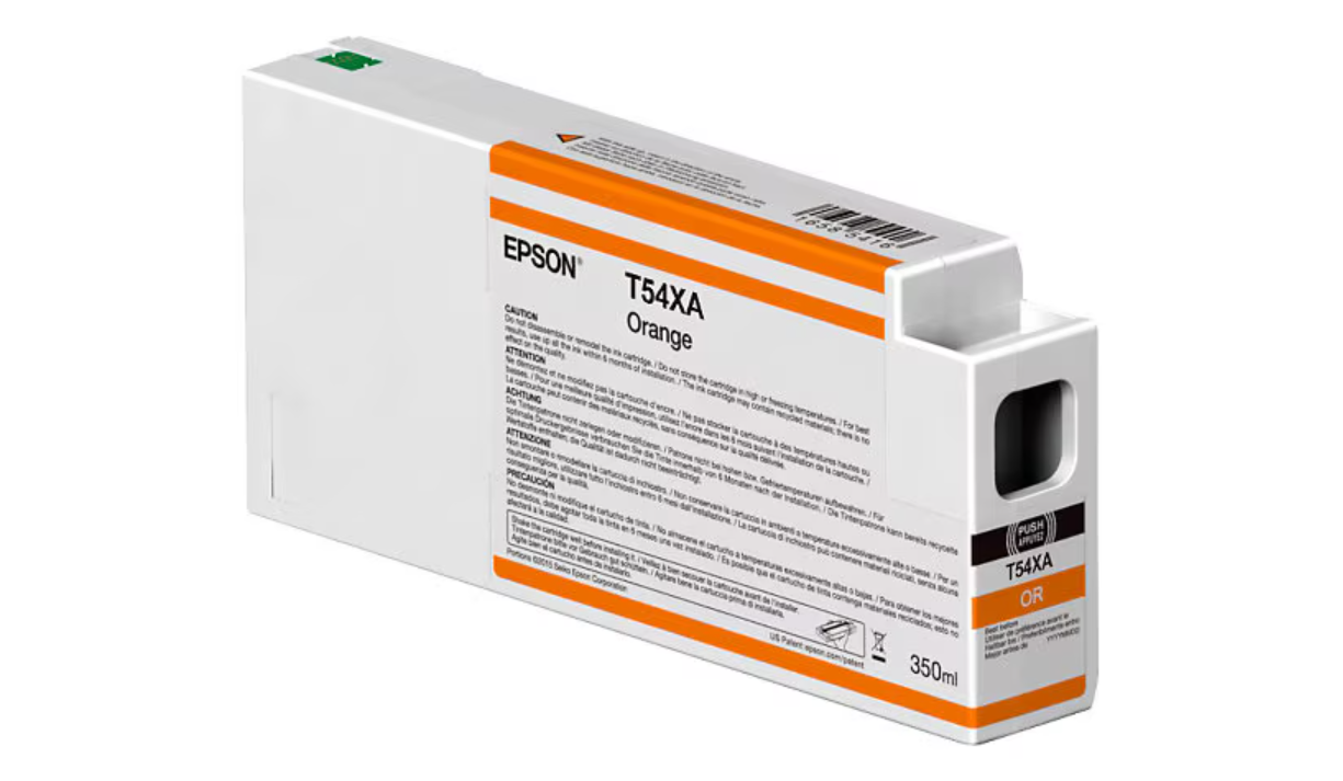 Epson ink cartridge box with orange accents on a white background