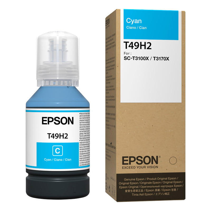 Epson T49H2 cyan ink bottle and packaging on a white background