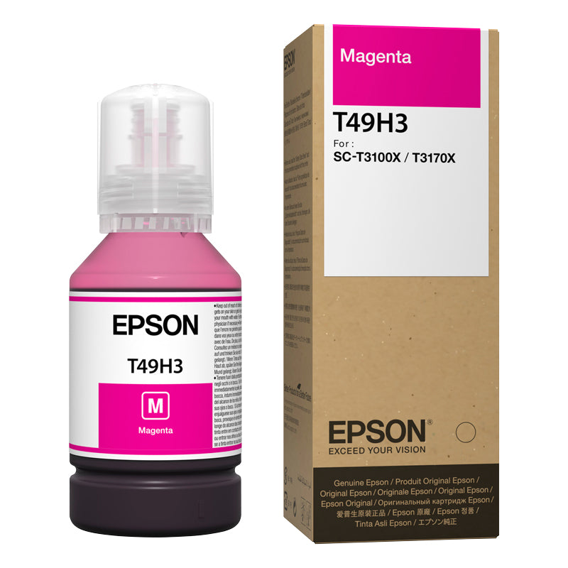 Epson magenta ink bottle and packaging on a white background