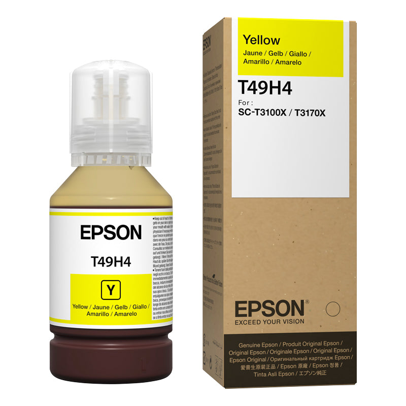 Epson yellow ink bottle and packaging on a white background