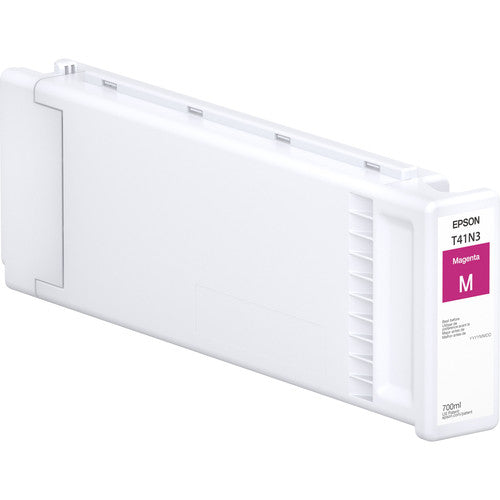 Epson ink cartridge with magenta label on a white background