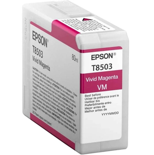 Epson T8503 Vivid Magenta ink cartridge packaging on a white background
