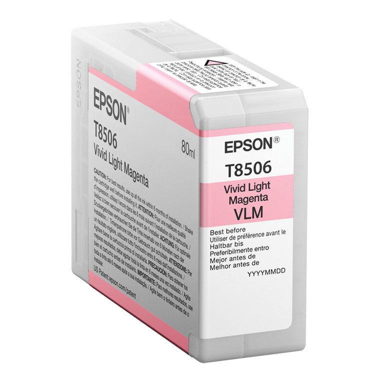 Epson T8506 Vivid Light Magenta ink cartridge packaging on a white background