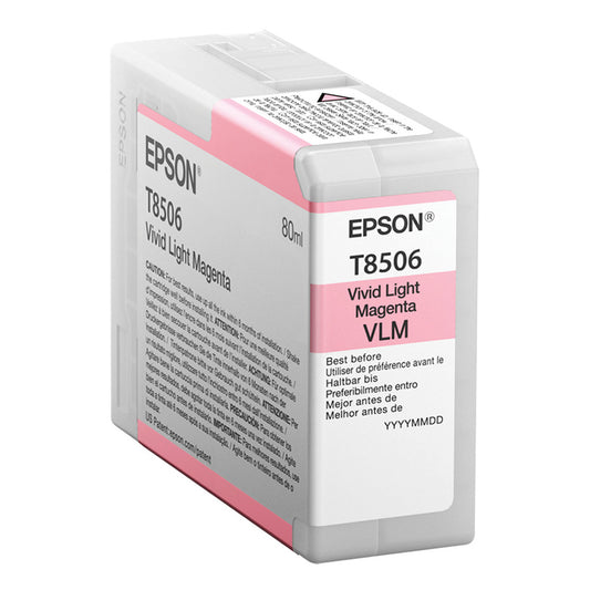 Epson T8506 Vivid Light Magenta ink cartridge packaging on a white background