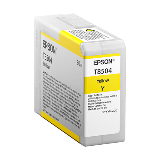 Epson T8504 yellow ink cartridge packaging on a white background