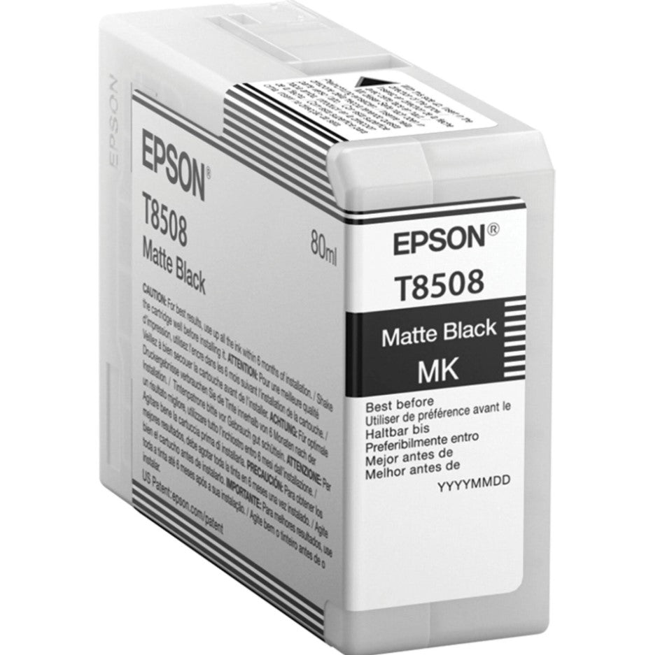 Epson T8508 Matte Black ink cartridge packaging on a white background