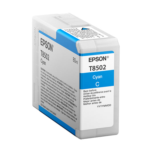 Epson T8502 cyan ink cartridge on a white background