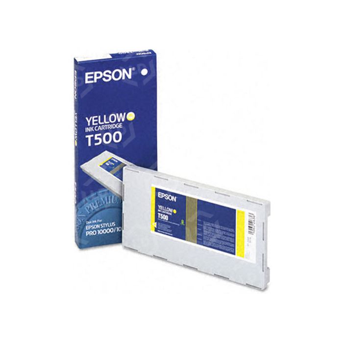 Epson yellow ink cartridge T500 with packaging on a white background