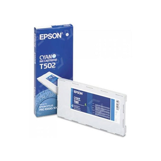 Epson cyan ink cartridge T502 with packaging on a white background