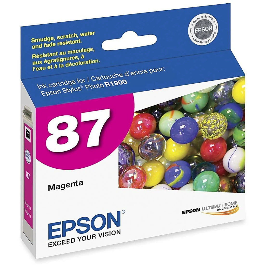 Epson 87 magenta ink cartridge packaging with colorful marbles on a white background