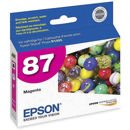 Epson 87 magenta ink cartridge packaging with colorful marbles on a white background