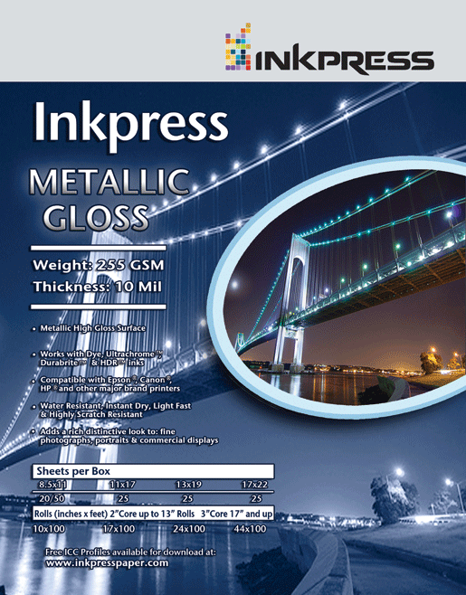 Inkpress Metallic Paper Gloss 11'' X 17'' x 25 sheets (MP111725)