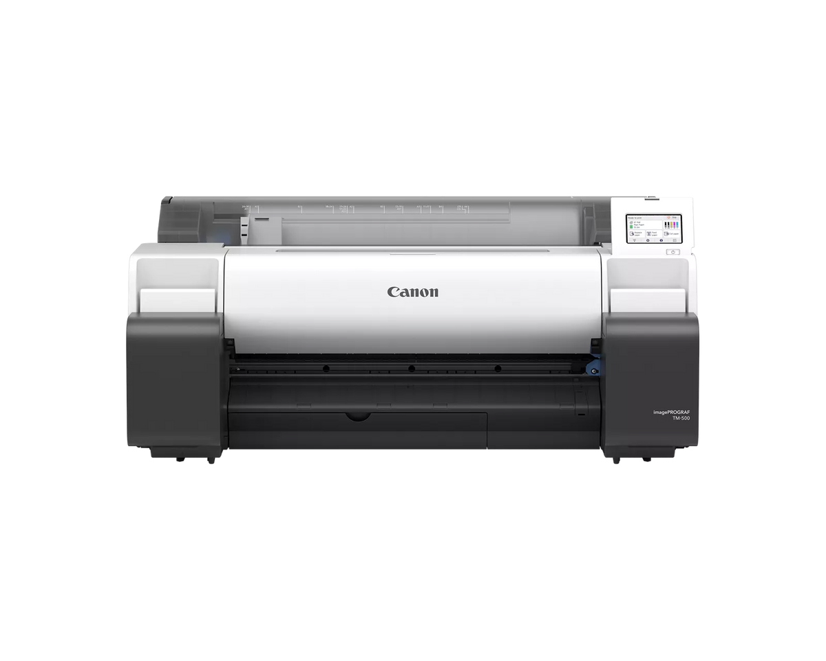 Canon imagePROGRAF TM-500 24 inch large format printer, front view, with touchscreen control panel and roll paper cover