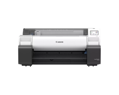Canon imagePROGRAF TM-500 24 inch large format printer, front view, with touchscreen control panel and roll paper cover