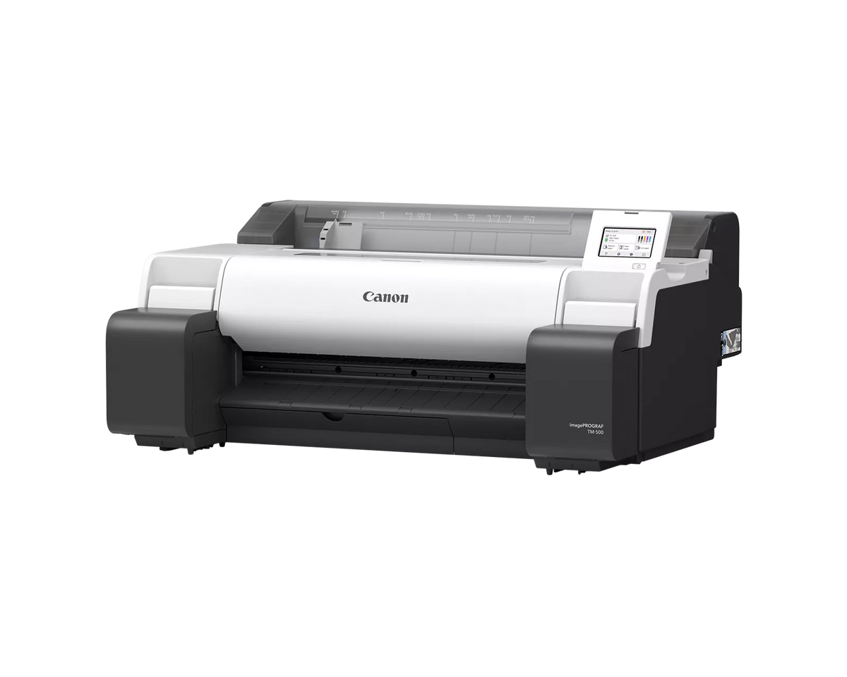 Canon imagePROGRAF TM-500 large format printer shown at a right angle, with touchscreen panel