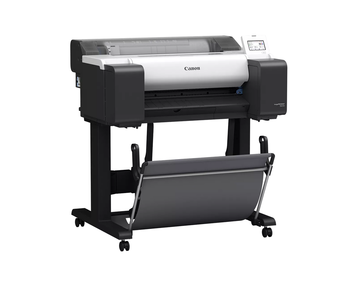 Canon imagePROGRAF TM-510 24-inch technical documents printer at an angle, on a wheeled stand with output basket
