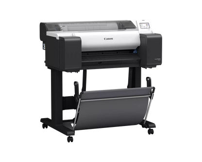 Canon imagePROGRAF TM-510 24-inch technical documents printer at an angle, on a wheeled stand with output basket