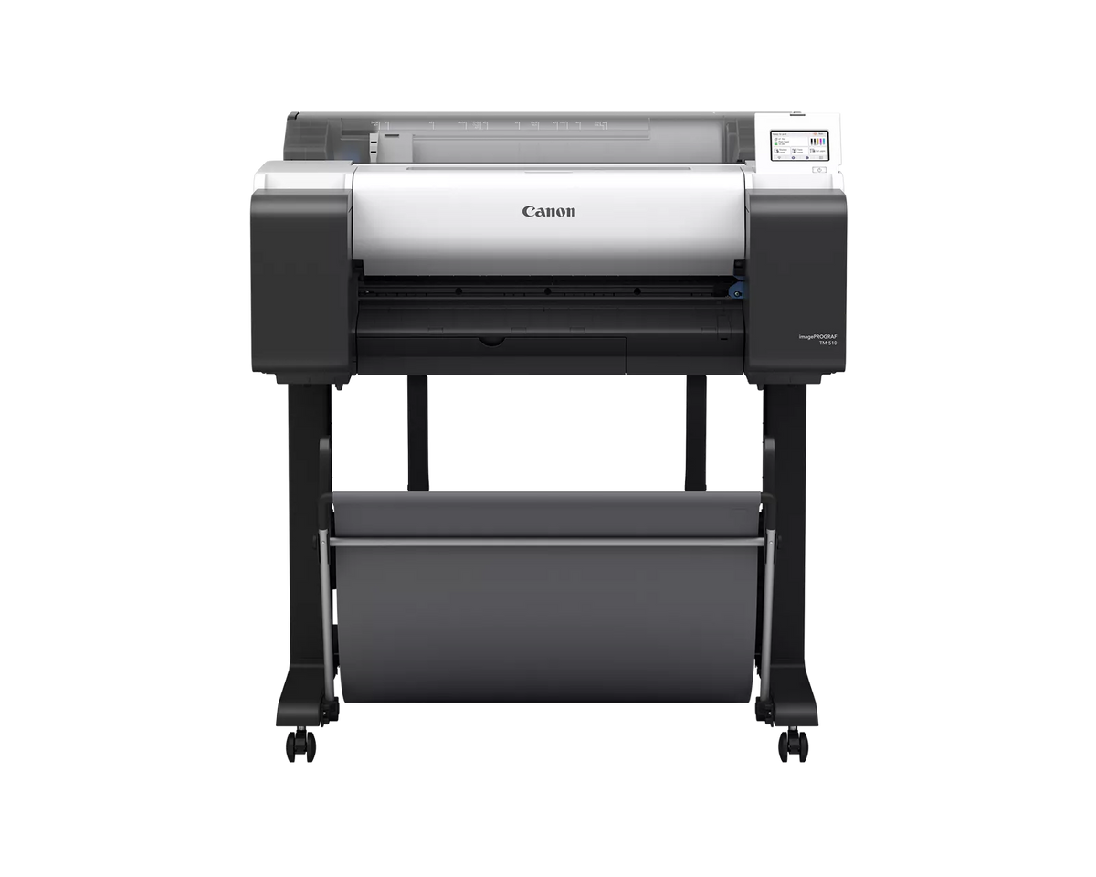 Canon imagePROGRAF TM-510 24-inch large format technical documents printer on stand with output basket, front view