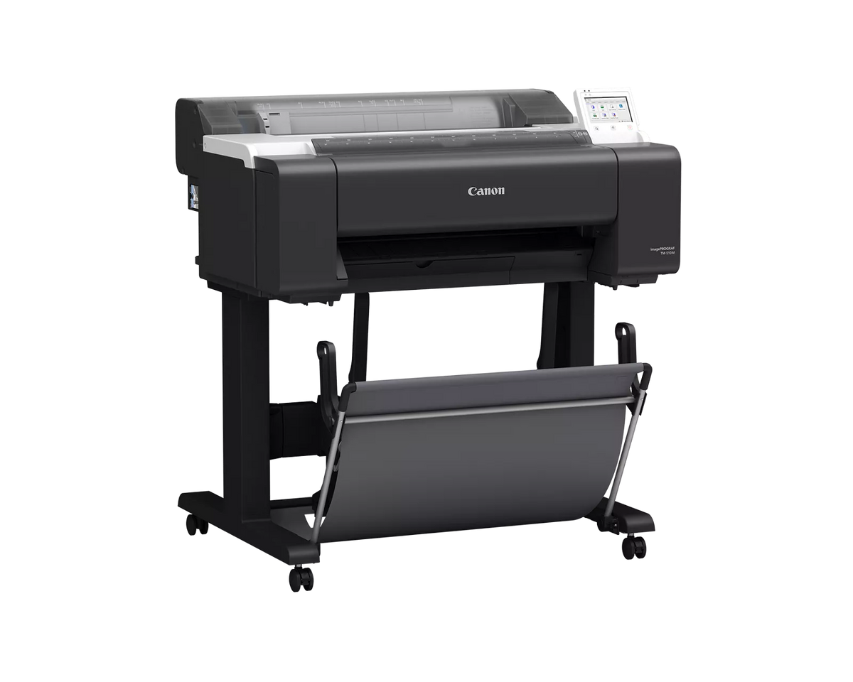 Canon imagePROGRAF TM-510M 24-inch technical documents MFP printer at an angle, on a wheeled stand with output basket