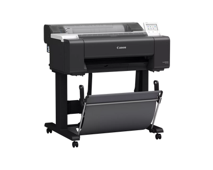 Canon imagePROGRAF TM-510M 24-inch technical documents MFP printer at an angle, on a wheeled stand with output basket