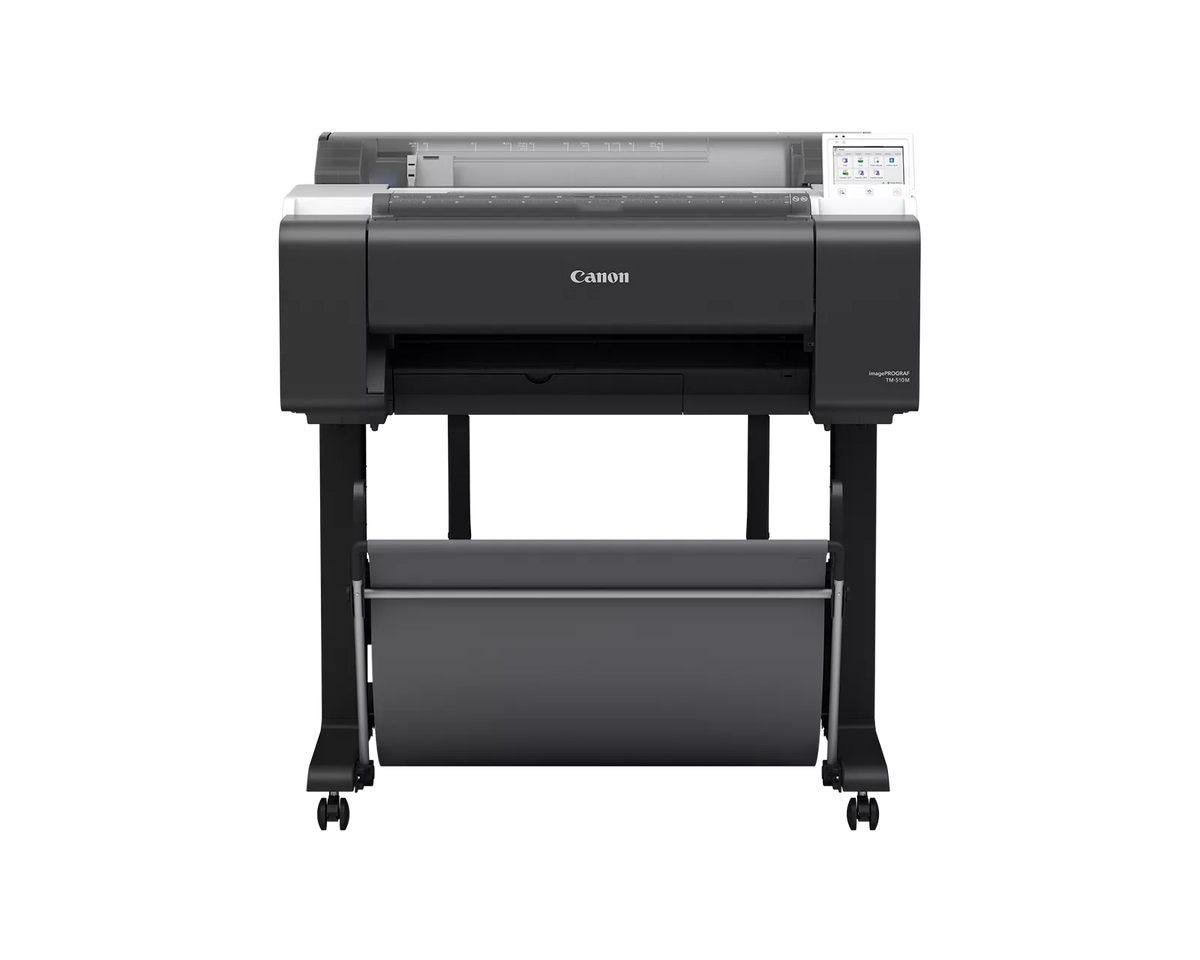 Canon imagePROGRAF TM-510M 24-inch large format multifunction printer with integrated scanner, on stand with output basket, front view