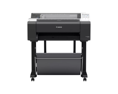 Canon imagePROGRAF TM-510M 24-inch large format multifunction printer with integrated scanner, on stand with output basket, front view