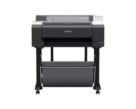 Canon imagePROGRAF TM-510M 24-inch large format multifunction printer with integrated scanner, on stand with output basket, front view
