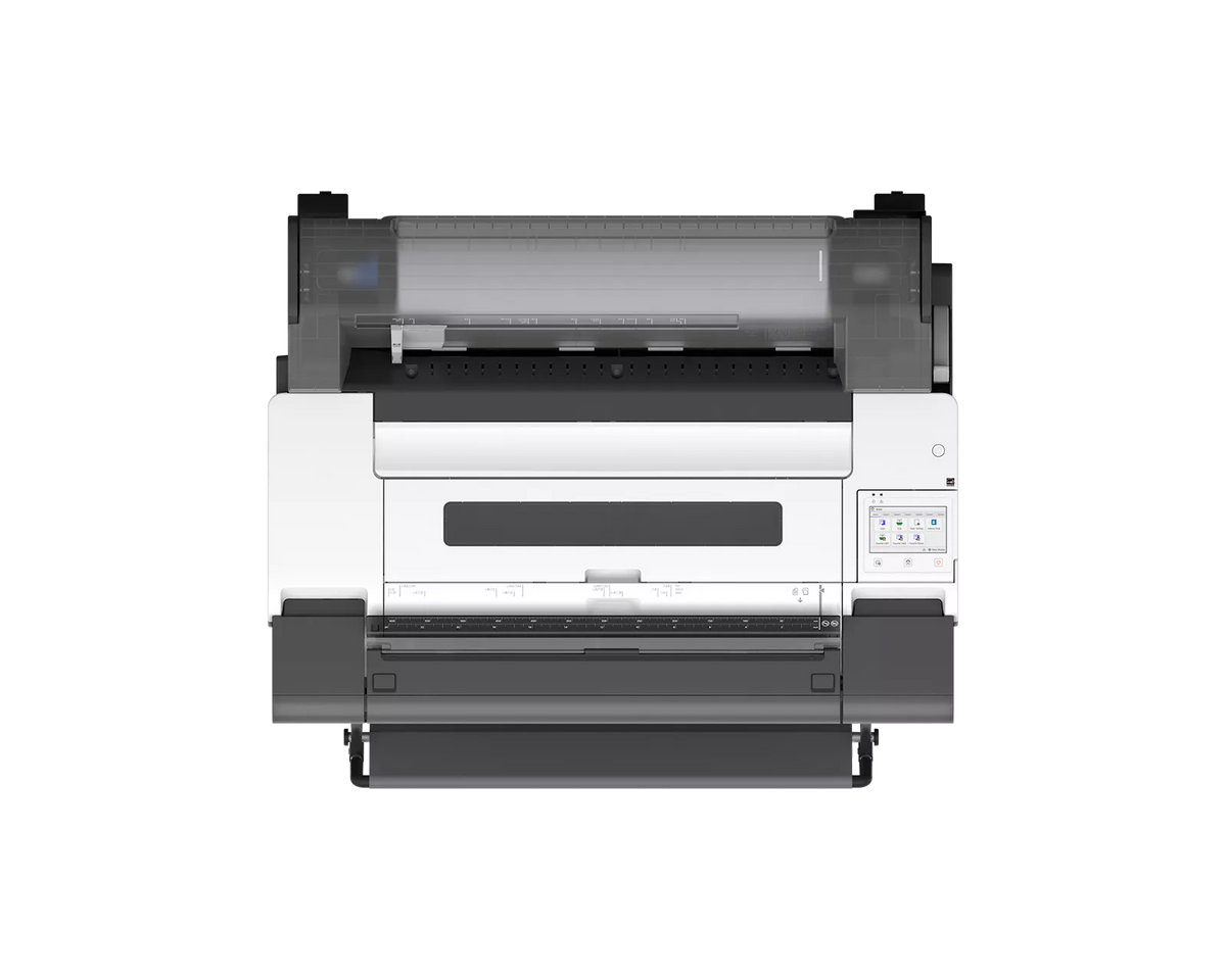 Top view of the Canon imagePROGRAF TM-510M 24-inch MFP printer showing the roll paper unit, integrated scanner feed and touchscreen