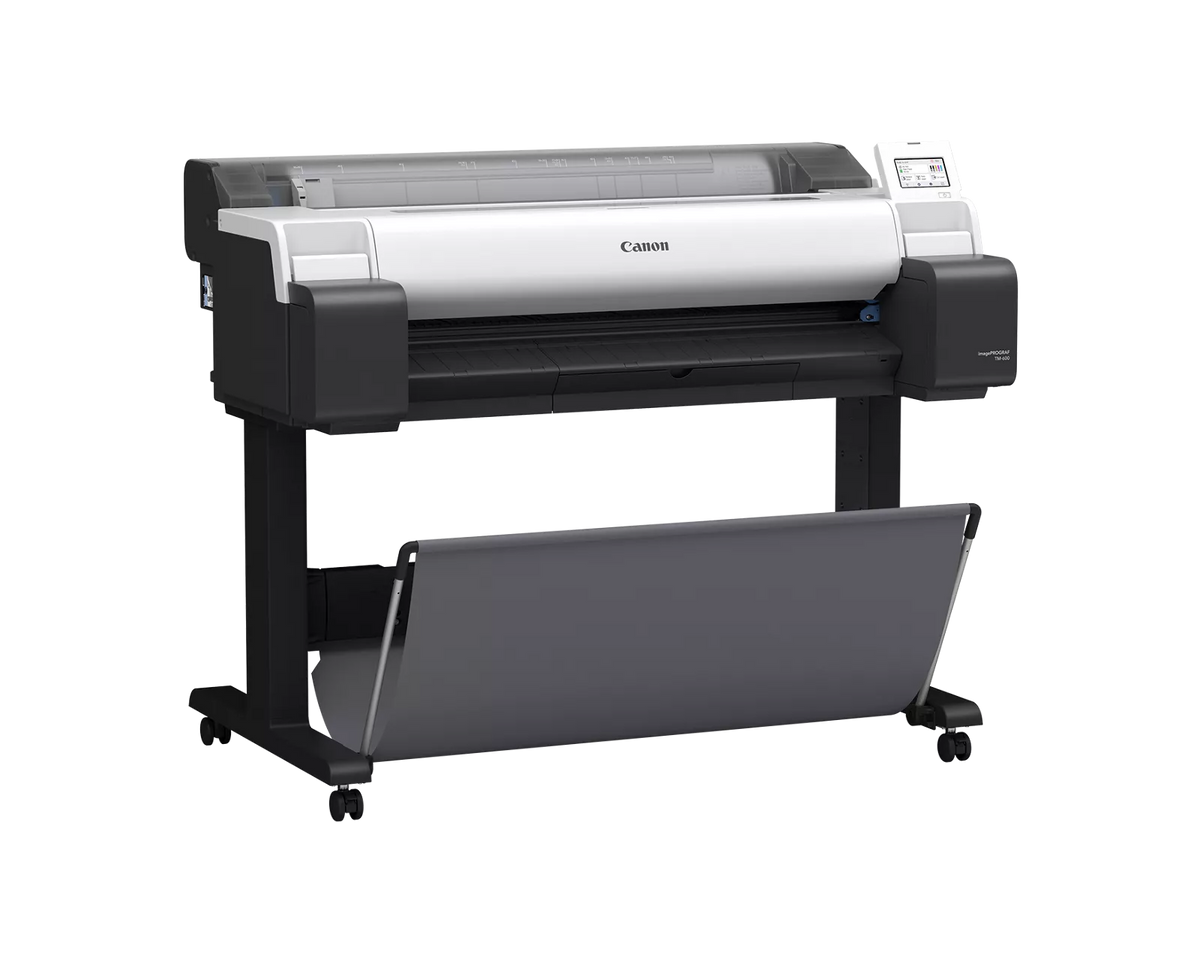 Canon imagePROGRAF TM-600 36-inch technical documents printer at an angle, on a wheeled stand with output basket