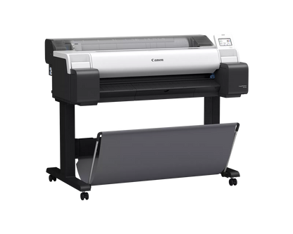 Canon imagePROGRAF TM-600 36-inch technical documents printer at an angle, on a wheeled stand with output basket