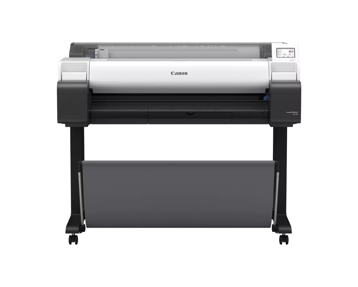 Canon imagePROGRAF TM-600 36-inch large format technical documents printer on stand with output basket, front view